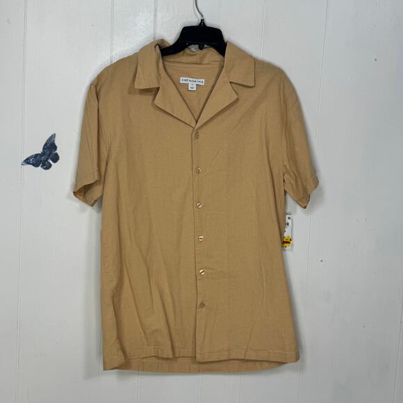And Now This Mens Casual Button Down Shirt Size Medium Tan Linen Blend Collared - Picture 1 of 14